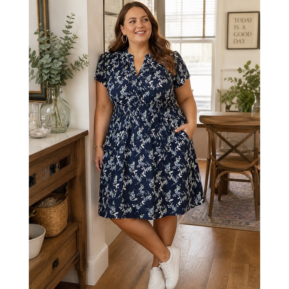 Lane Bryant Dress Sz 20 NWT Plus‎ Sz Floral Navy Blue Flowy Casual Empire Waist